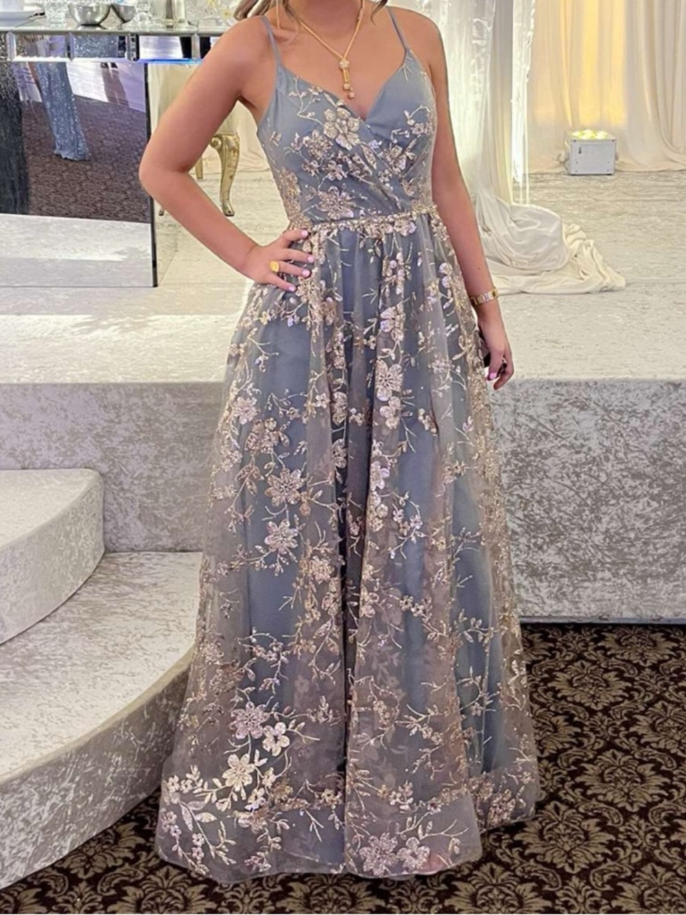 Peaches boutique Grey Maxi Dress with Rose-Gold Floral Embroidery